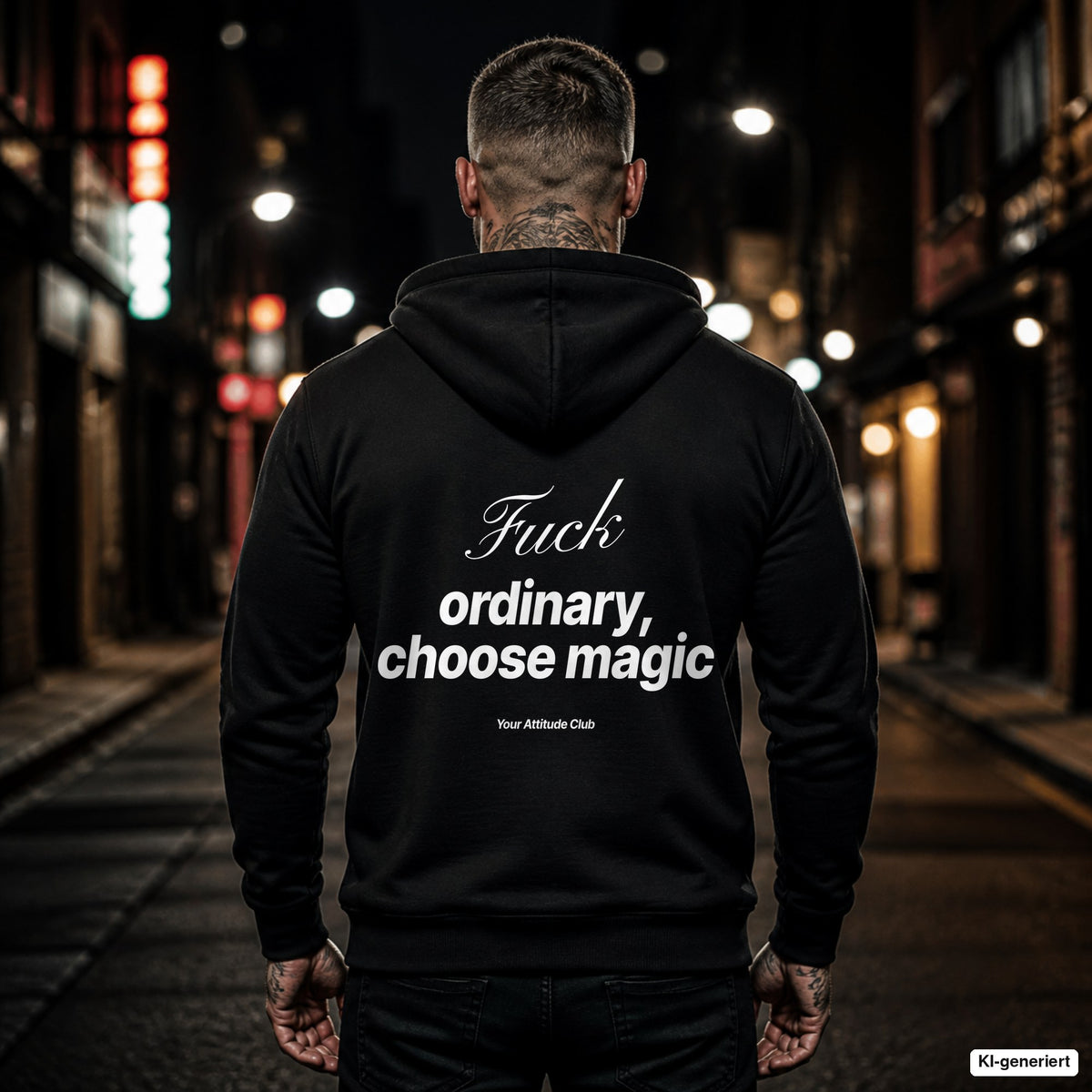 Fuck Ordinary, Choose Magic – schwarzer Hoodie mit weißem Backprint, Herren in der Stadt bei Nacht