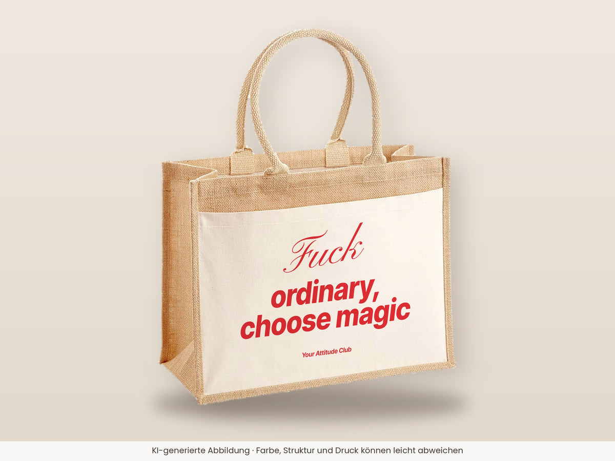 Fuck Ordinary, Choose Magic – Jutetasche mit Spruch, große Jutetasche, Detailansicht