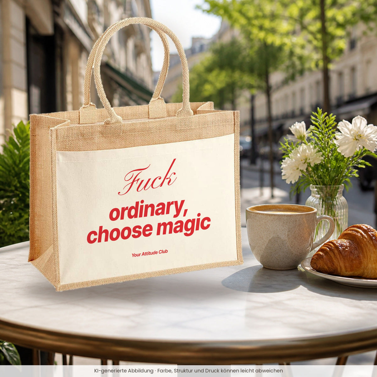 Fuck Ordinary, Choose Magic – Jutetasche mit Spruch, im Café