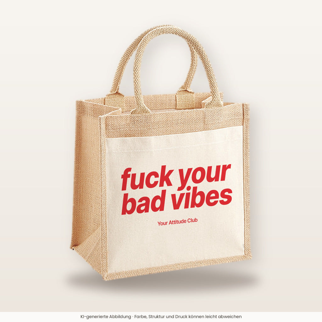 Fuck Your Bad Vibes – Jutetasche mit Spruch, mittlere Jutetasche 30 × 30 cm