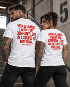 FUCK A LAMBO. I WANT MY COMPANY LOGO ON A STUPID BIG BUILDING. – Unisex Statement T-Shirt Weiß mit rotem Backprint | Business Humor Shirt