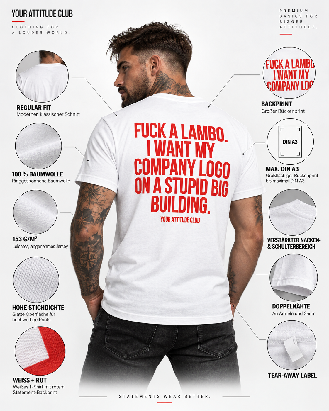 FUCK A LAMBO. I WANT MY COMPANY LOGO ON A STUPID BIG BUILDING. – Unisex Statement T-Shirt Weiß mit rotem Backprint | Business Humor Shirt