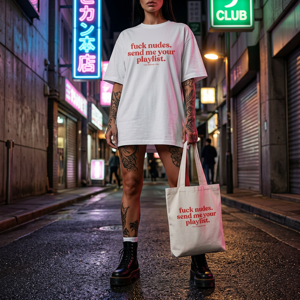 F*ck nudes. send me your playlist. Shirt mit Frontprint – Oversize Unisex T-Shirt aus 100% Baumwolle, Streetwear Statement