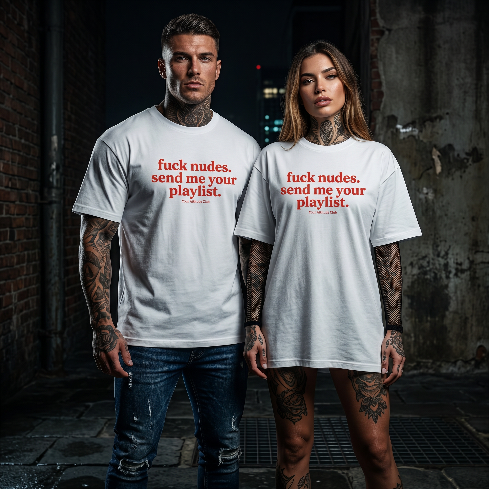 F*ck nudes. send me your playlist. Shirt mit Frontprint – Oversize Unisex T-Shirt aus 100% Baumwolle, Streetwear Statement