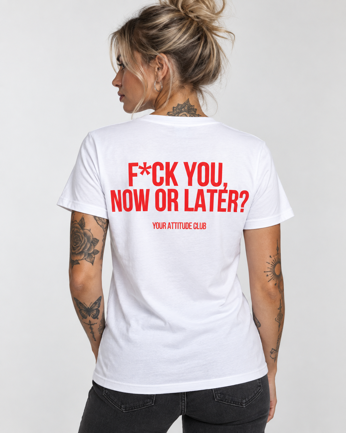 F*CK YOU, NOW OR LATER? – Unisex Statement T-Shirt Weiß mit rotem Backprint | freches provokantes Sprüche Shirt