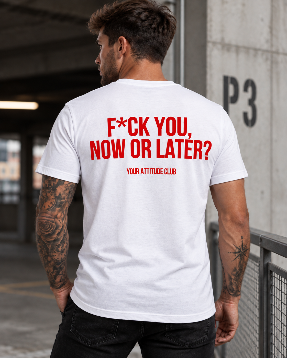 F*CK YOU, NOW OR LATER? – Unisex Statement T-Shirt Weiß mit rotem Backprint | freches provokantes Sprüche Shirt