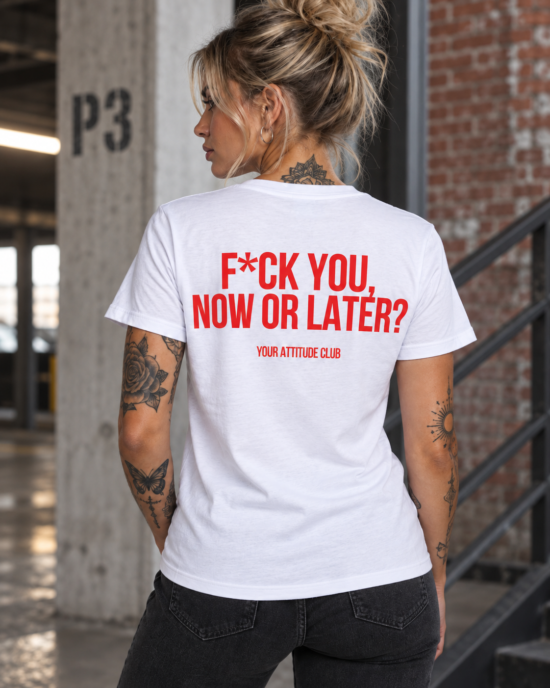 F*CK YOU, NOW OR LATER? – Unisex Statement T-Shirt Weiß mit rotem Backprint | freches provokantes Sprüche Shirt