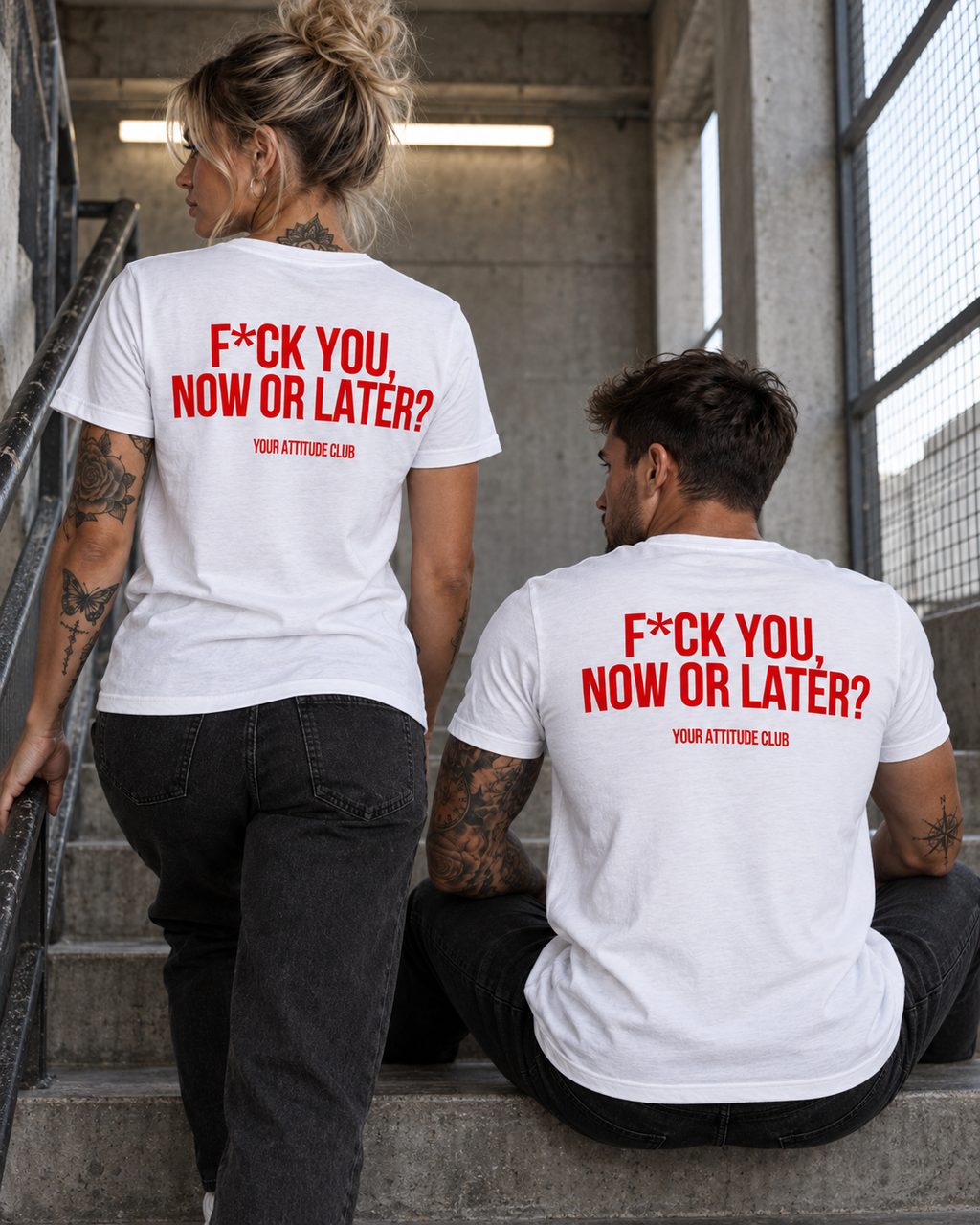 F*CK YOU, NOW OR LATER? – Unisex Statement T-Shirt Weiß mit rotem Backprint | freches provokantes Sprüche Shirt