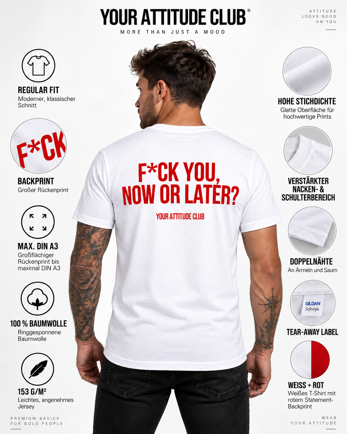 F*CK YOU, NOW OR LATER? – Unisex Statement T-Shirt Weiß mit rotem Backprint | freches provokantes Sprüche Shirt