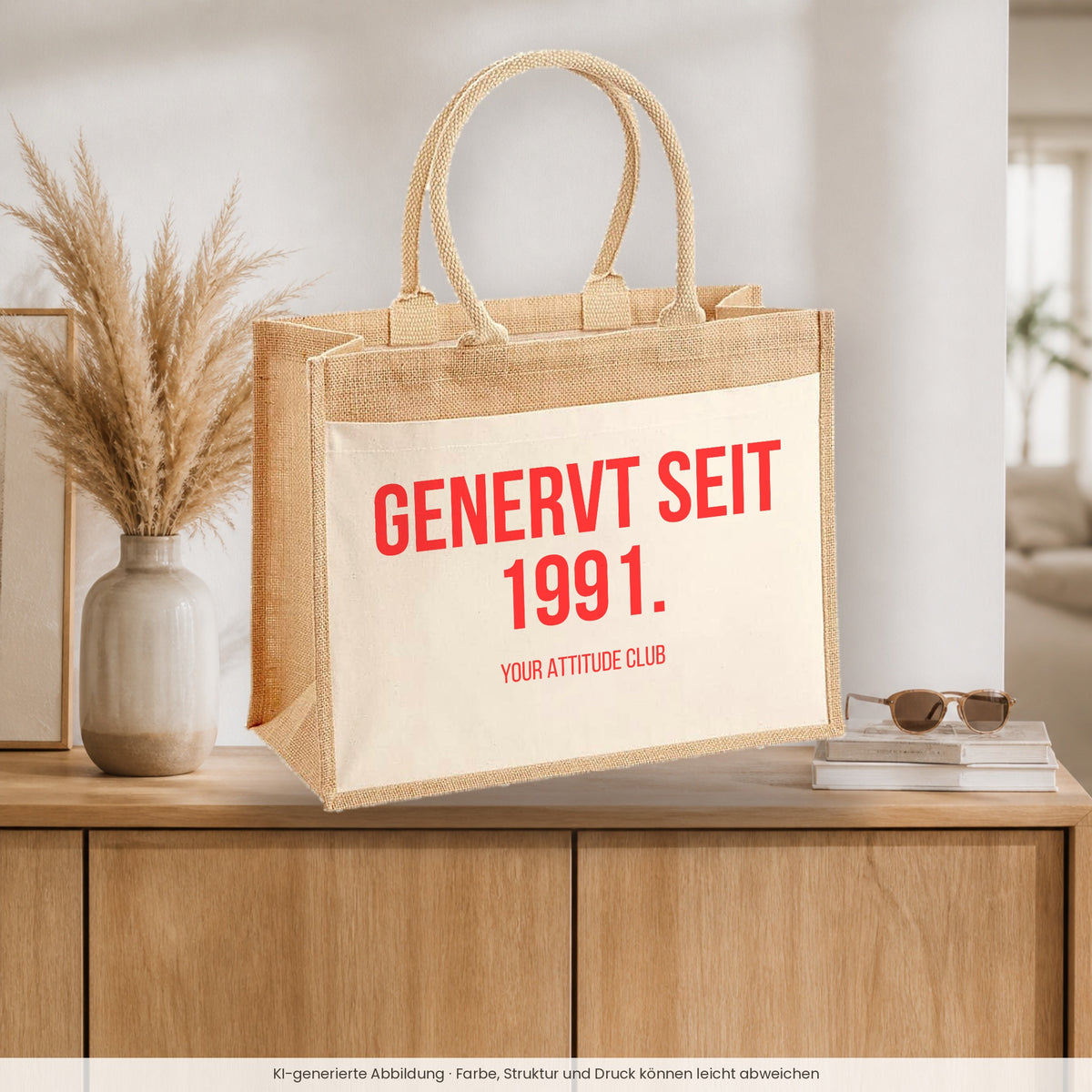 Genervt seit 1991. – Jutetasche mit Spruch, auf dem Sideboard im Flur