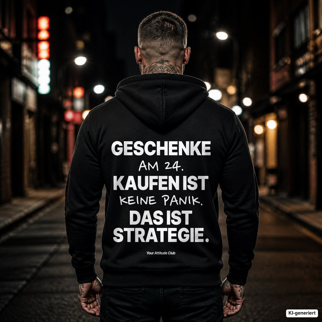 Geschenke am 24. kaufen ist keine Panik. Das ist Strategie – schwarzer Hoodie mit weißem Backprint, Herren in der Stadt bei Nacht
