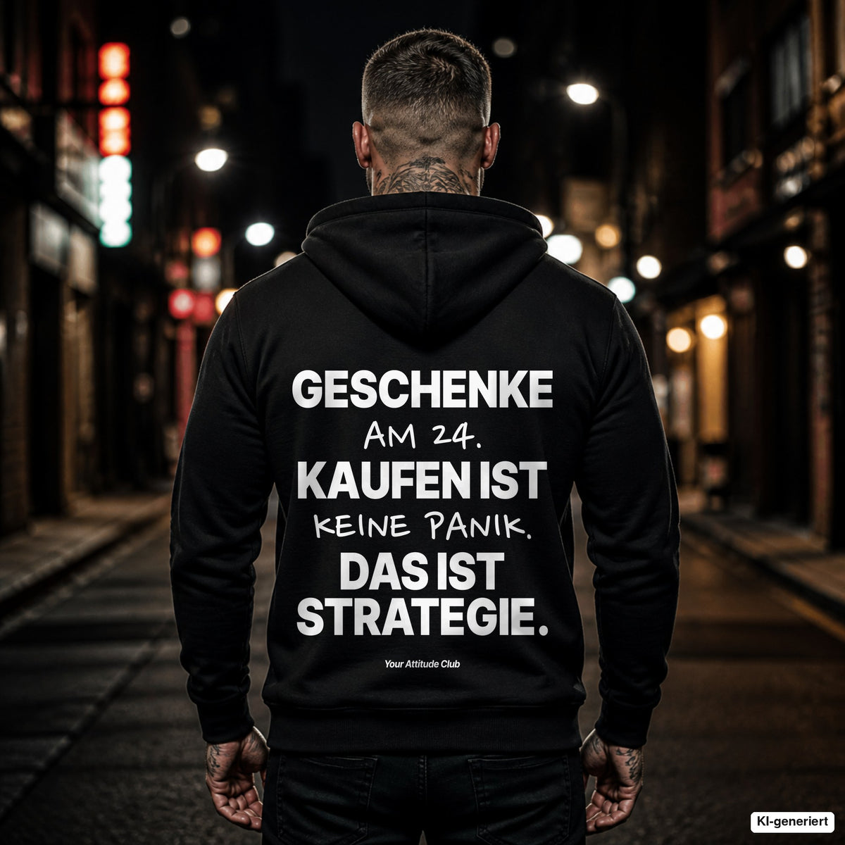 Geschenke am 24. kaufen ist keine Panik. Das ist Strategie – schwarzer Hoodie mit weißem Backprint, Herren in der Stadt bei Nacht