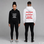 Geschenke am 24. kaufen ist keine Panik. Das ist Strategie – Hoodie unisex mit Frontprint (Frau, Schwarz) und Backprint (Mann, Weiß)
