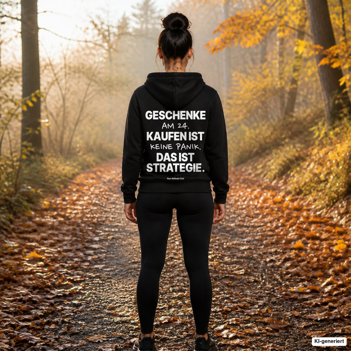Geschenke am 24. kaufen ist keine Panik. Das ist Strategie – schwarzer Hoodie mit weißem Backprint, Damen beim Joggen im Herbst
