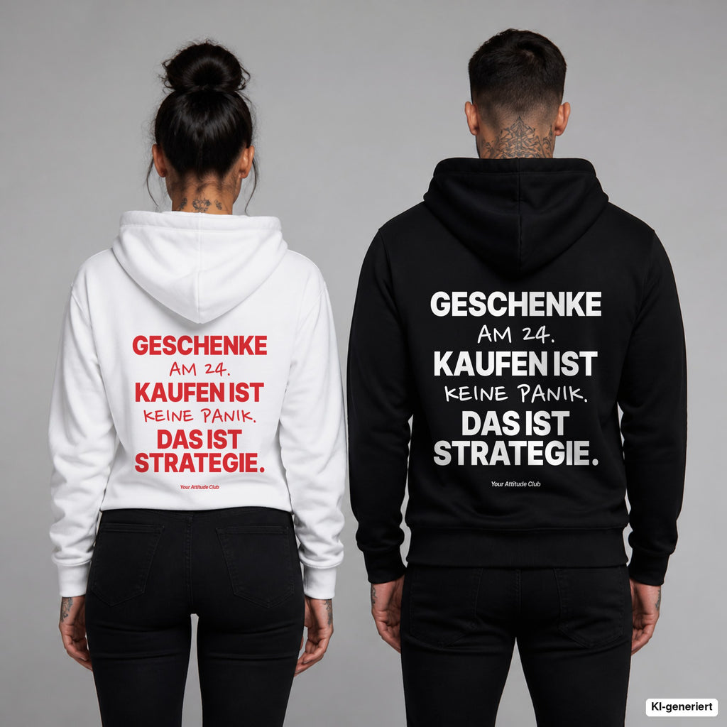 Geschenke am 24. kaufen ist keine Panik. Das ist Strategie – Hoodie mit Backprint, Frau in Weiß mit rotem und Mann in Schwarz mit weißem Aufdruck