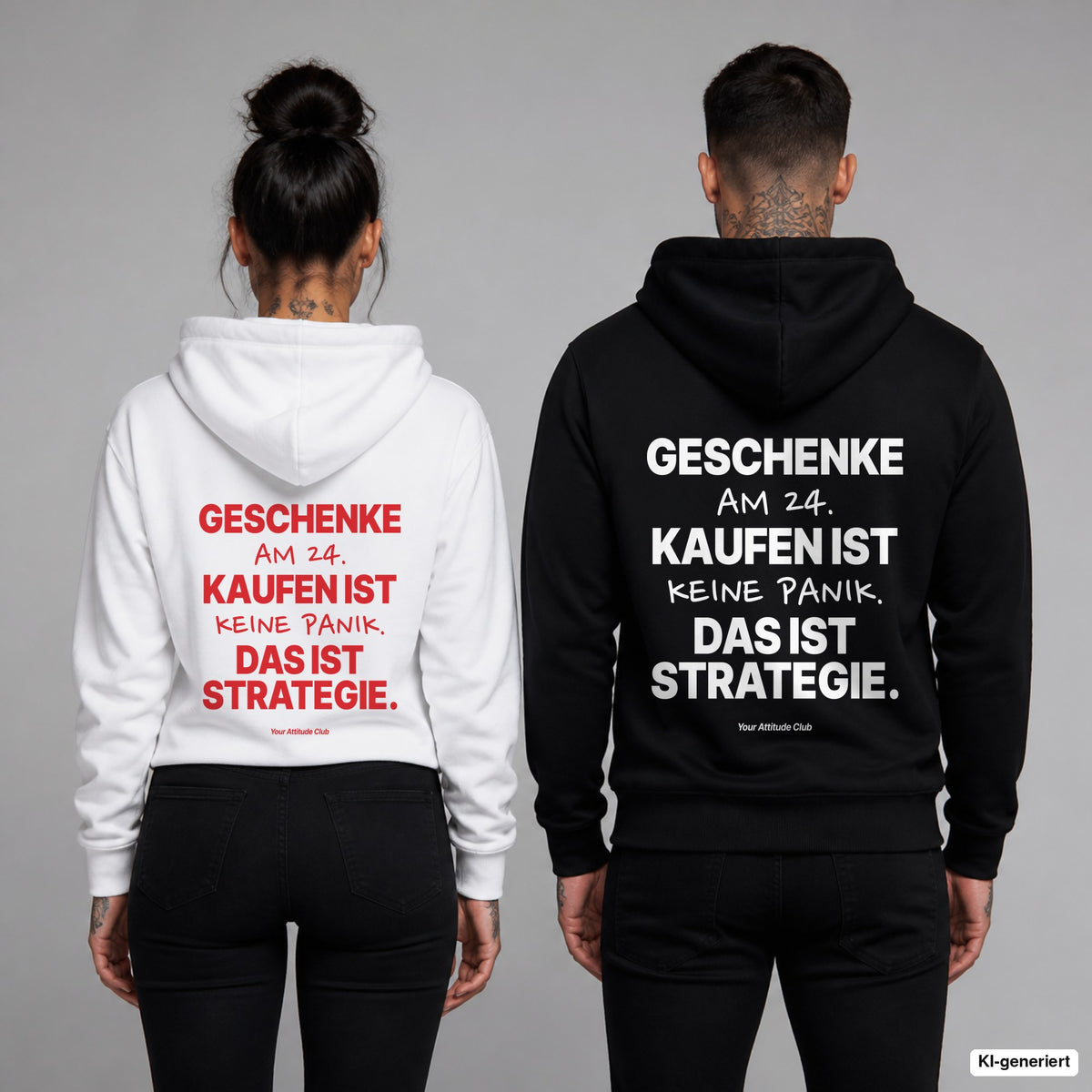 Geschenke am 24. kaufen ist keine Panik. Das ist Strategie – Hoodie mit Backprint, Frau in Weiß mit rotem und Mann in Schwarz mit weißem Aufdruck