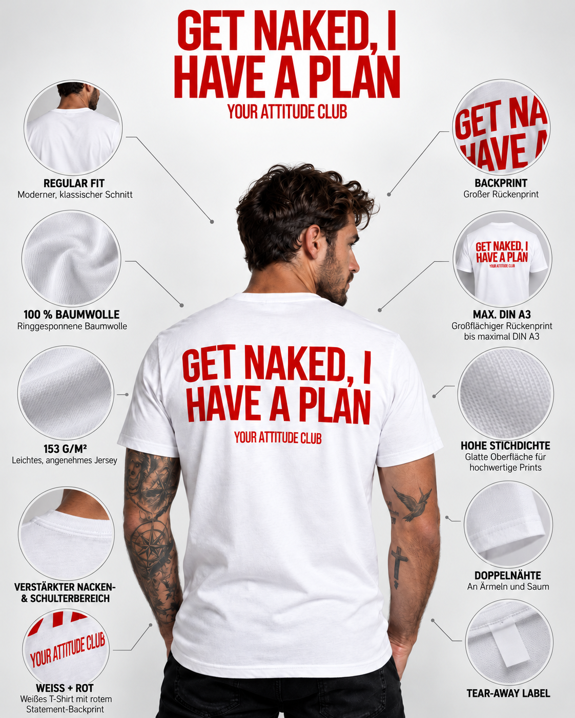 GET NAKED, I HAVE A PLAN – Unisex Statement T-Shirt Weiß mit rotem Backprint | freches doppeldeutiges Sprüche Shirt