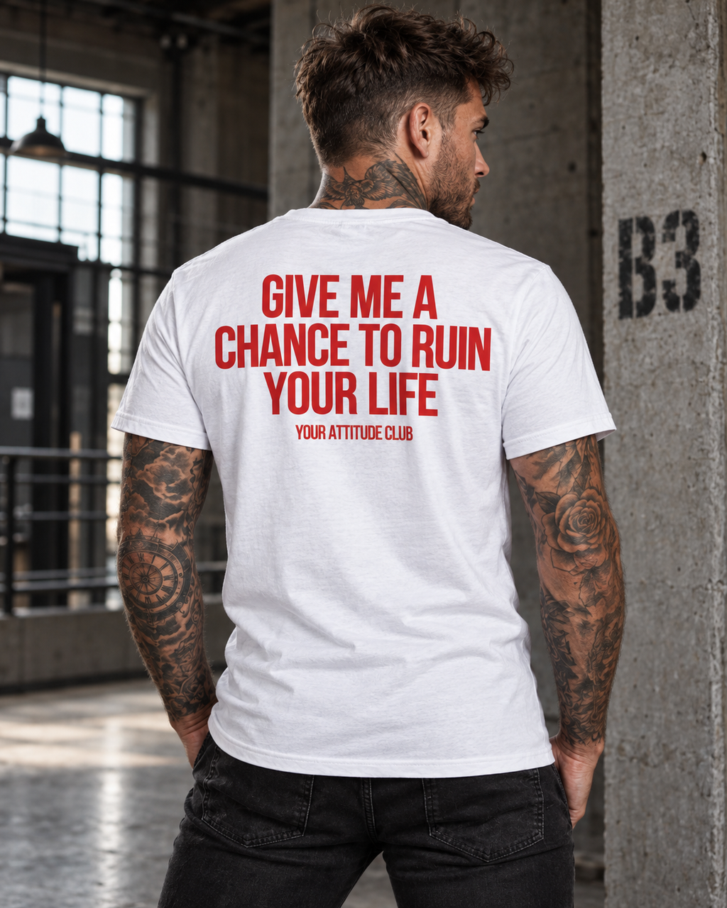 GIVE ME A CHANCE TO RUIN YOUR LIFE – Unisex Statement T-Shirt Weiß mit rotem Backprint | freches sarkastisches Sprüche Shirt