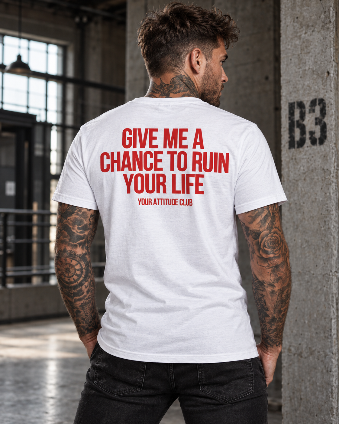GIVE ME A CHANCE TO RUIN YOUR LIFE – Unisex Statement T-Shirt Weiß mit rotem Backprint | freches sarkastisches Sprüche Shirt