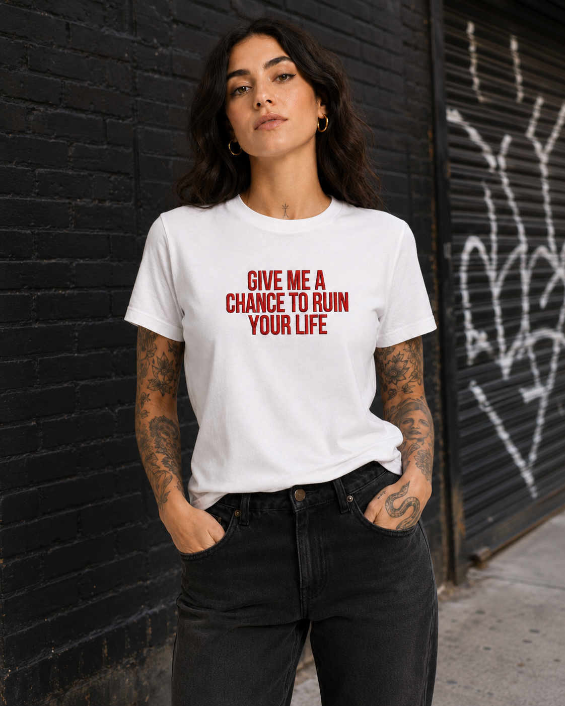 GIVE ME A CHANCE TO RUIN YOUR LIFE – besticktes Damen Shirt, freches Statement T-Shirt, Geschenk für Freundin, Bio-Baumwolle, Weiß oder Schwarz
