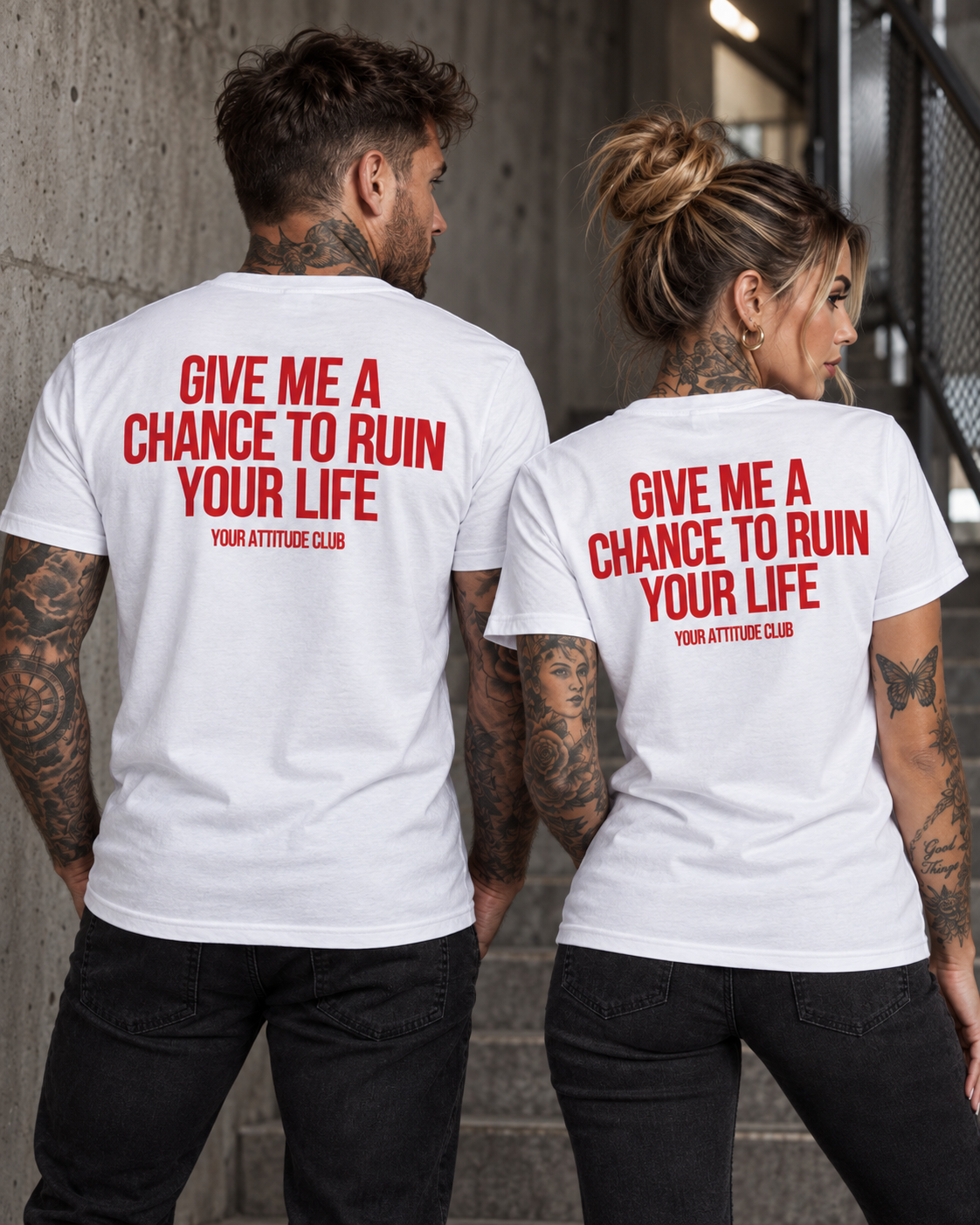 GIVE ME A CHANCE TO RUIN YOUR LIFE – Unisex Statement T-Shirt Weiß mit rotem Backprint | freches sarkastisches Sprüche Shirt