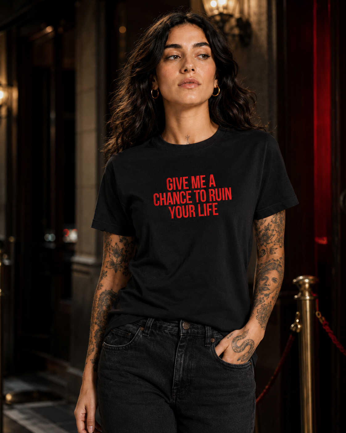 GIVE ME A CHANCE TO RUIN YOUR LIFE – besticktes Damen Shirt, freches Statement T-Shirt, Geschenk für Freundin, Bio-Baumwolle, Weiß oder Schwarz
