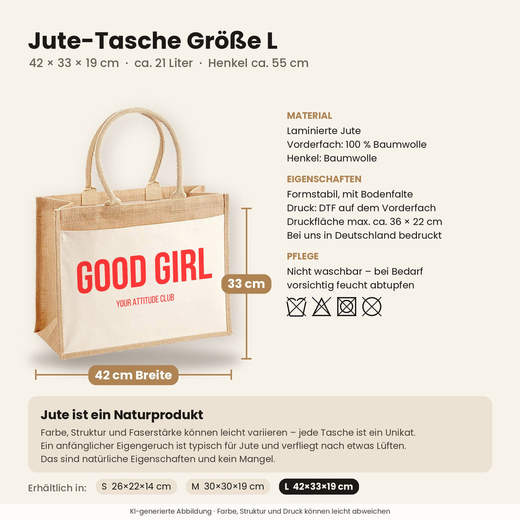Good Girl – Jutetasche mit Spruch, Maße, Material und Pflege