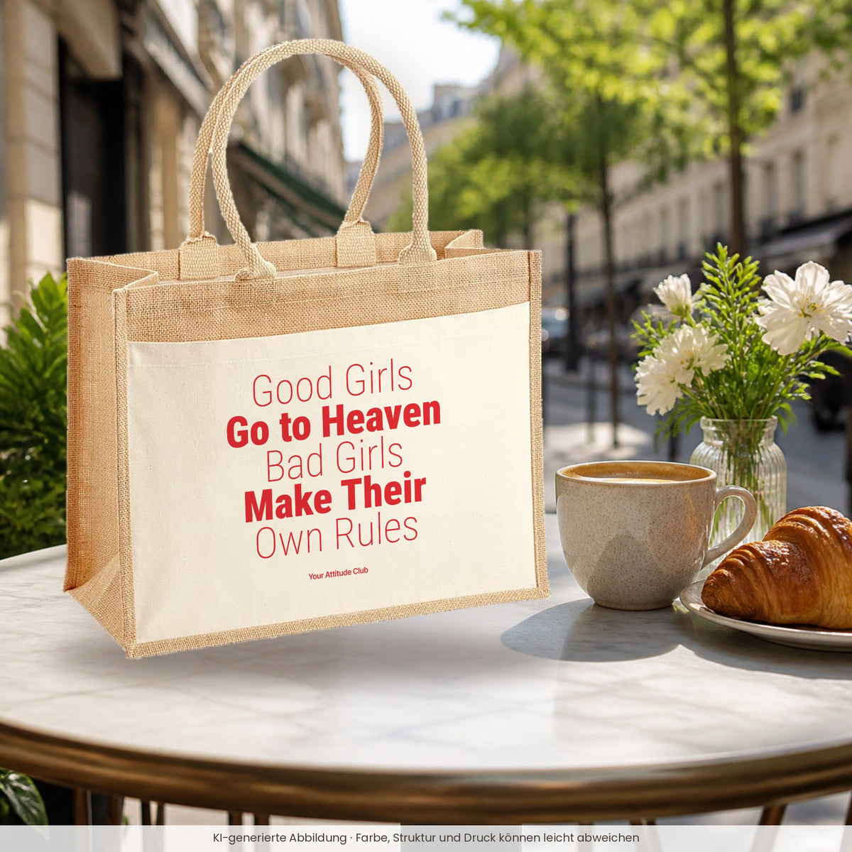 Good Girls Go to Heaven Bad Girls Make Their Own Rules – Jutetasche mit Spruch, im Café