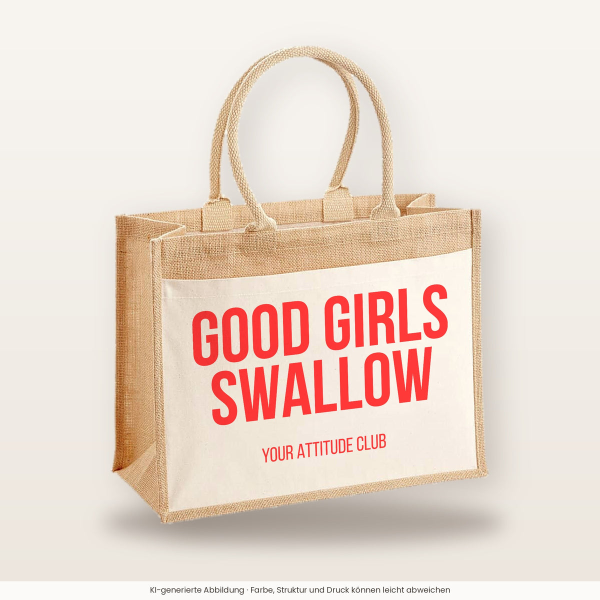 Good girls swallow – Jutetasche mit Spruch, große Jutetasche, Produktansicht