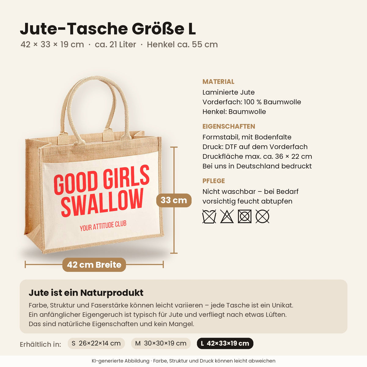Good girls swallow – Jutetasche mit Spruch, Maße, Material und Pflege