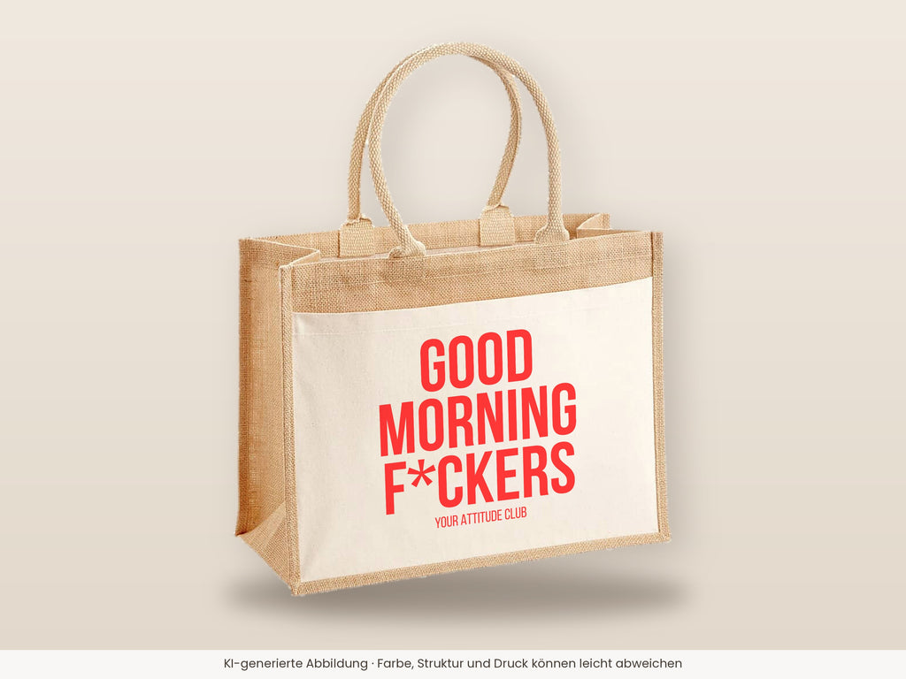 Good morning f*ckers – Jutetasche mit Spruch, große Jutetasche, Detailansicht