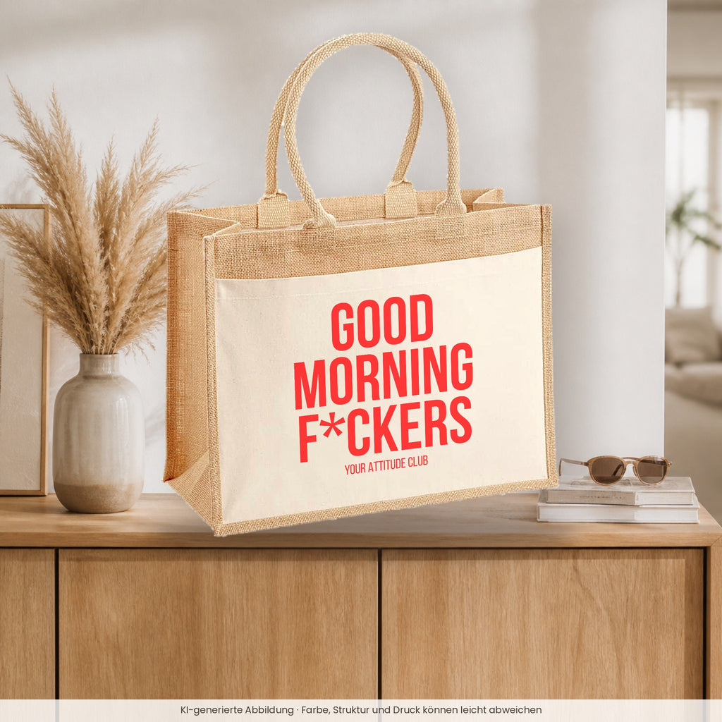 Good morning f*ckers – Jutetasche mit Spruch, auf dem Sideboard im Flur