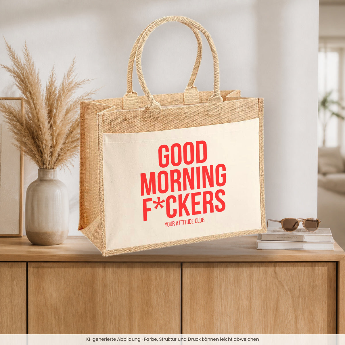 Good morning f*ckers – Jutetasche mit Spruch, auf dem Sideboard im Flur
