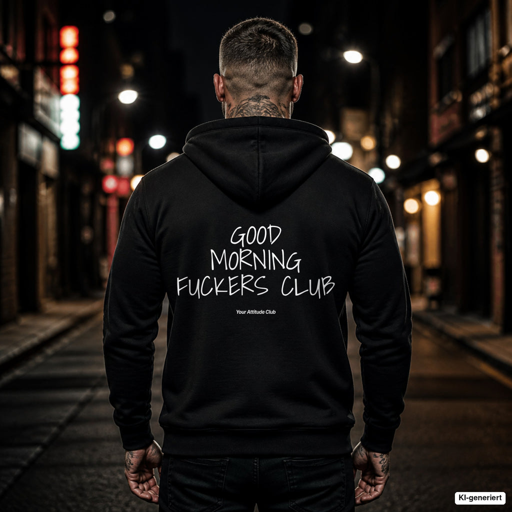 Good Morning Fuckers Club – schwarzer Hoodie mit weißem Backprint, Herren in der Stadt bei Nacht