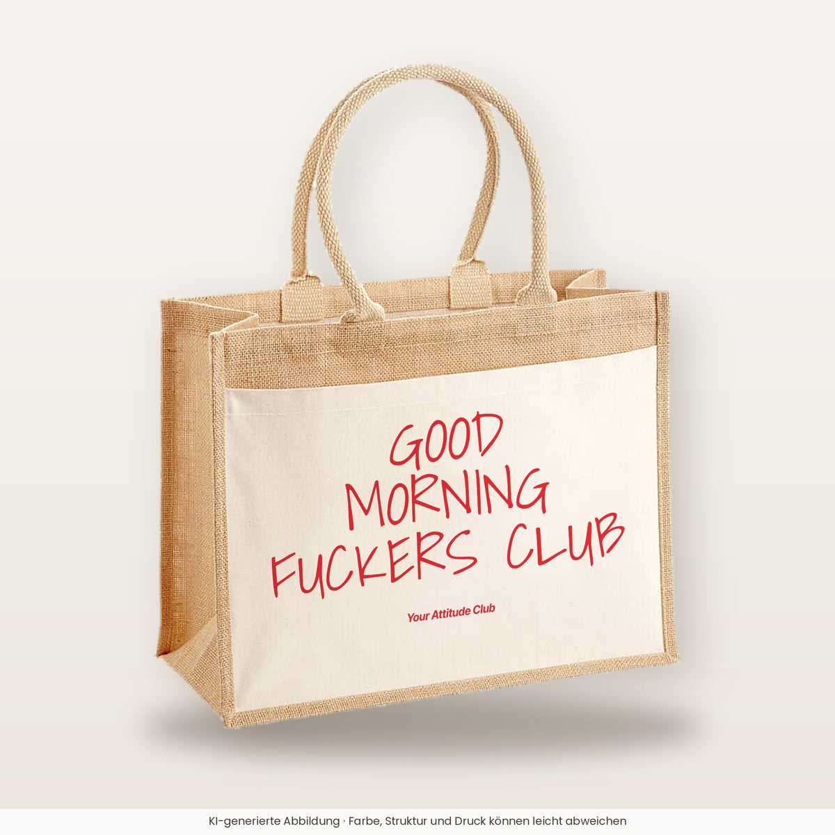 Good Morning Fuckers Club – Jutetasche mit Spruch, große Jutetasche, Produktansicht