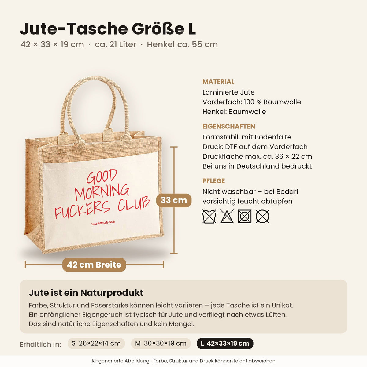 Good Morning Fuckers Club – Jutetasche mit Spruch, Maße, Material und Pflege