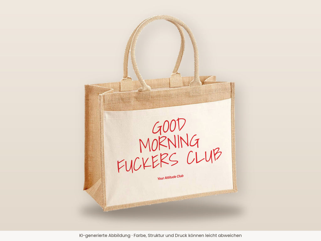 Good Morning Fuckers Club – Jutetasche mit Spruch, große Jutetasche, Detailansicht