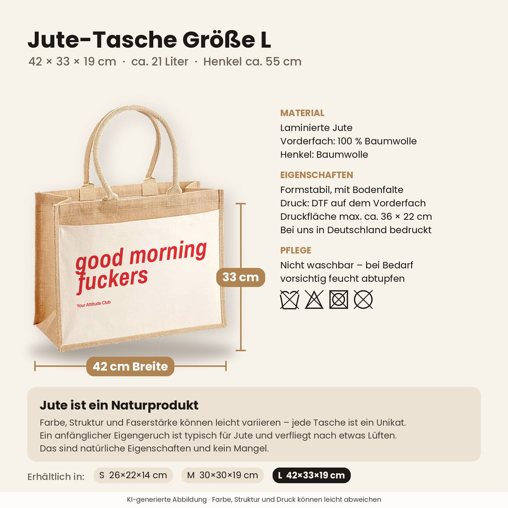 Good Morning Fuckers – Jutetasche mit Spruch, Maße, Material und Pflege