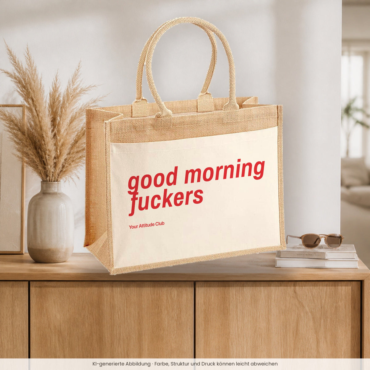 Good Morning Fuckers – Jutetasche mit Spruch, auf dem Sideboard im Flur