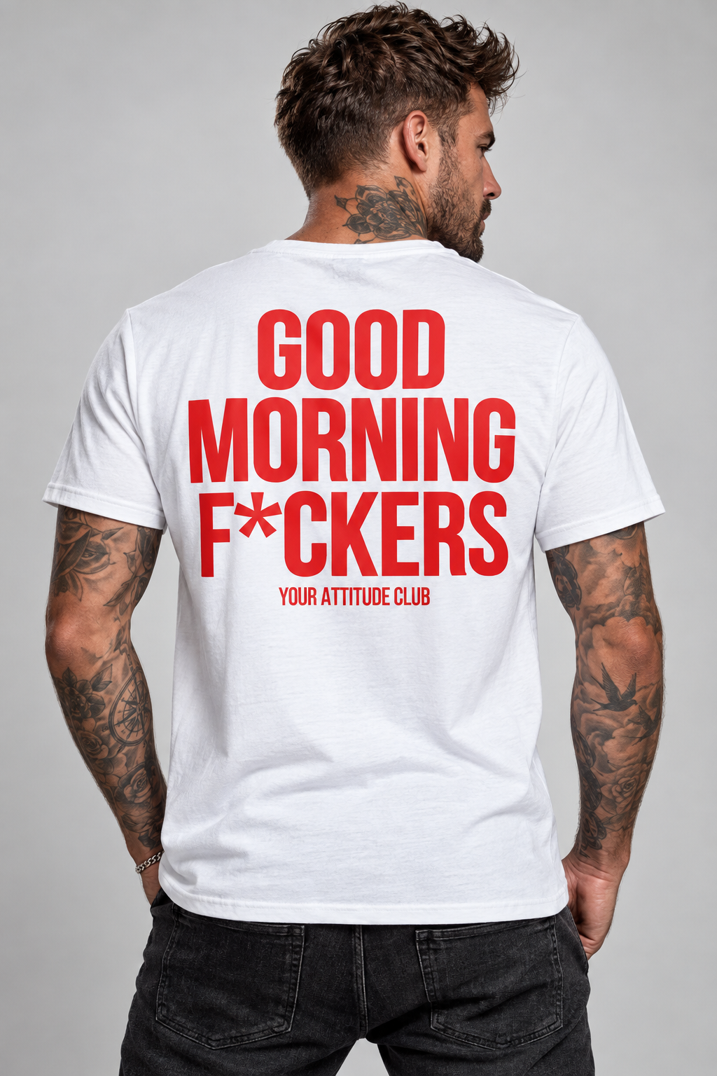 GOOD MORNING F*CKERS – Unisex Statement T-Shirt Weiß mit rotem Backprint | freches Sprüche Shirt