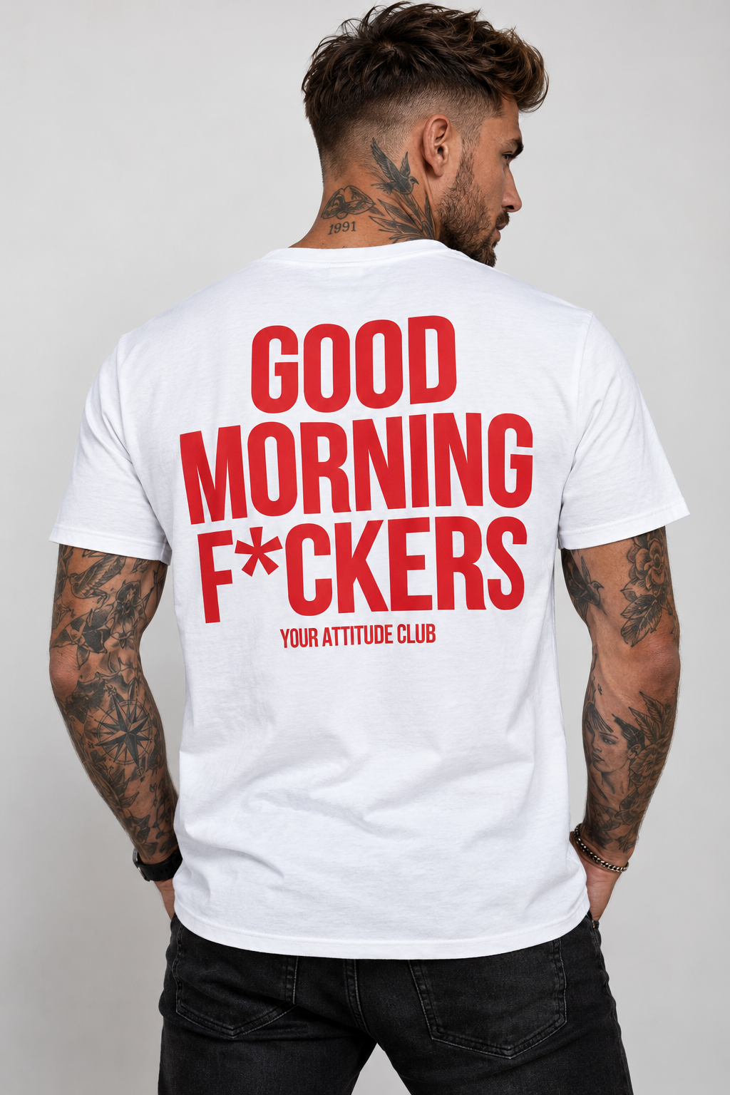 GOOD MORNING F*CKERS – Unisex Statement T-Shirt Weiß mit rotem Backprint | freches Sprüche Shirt