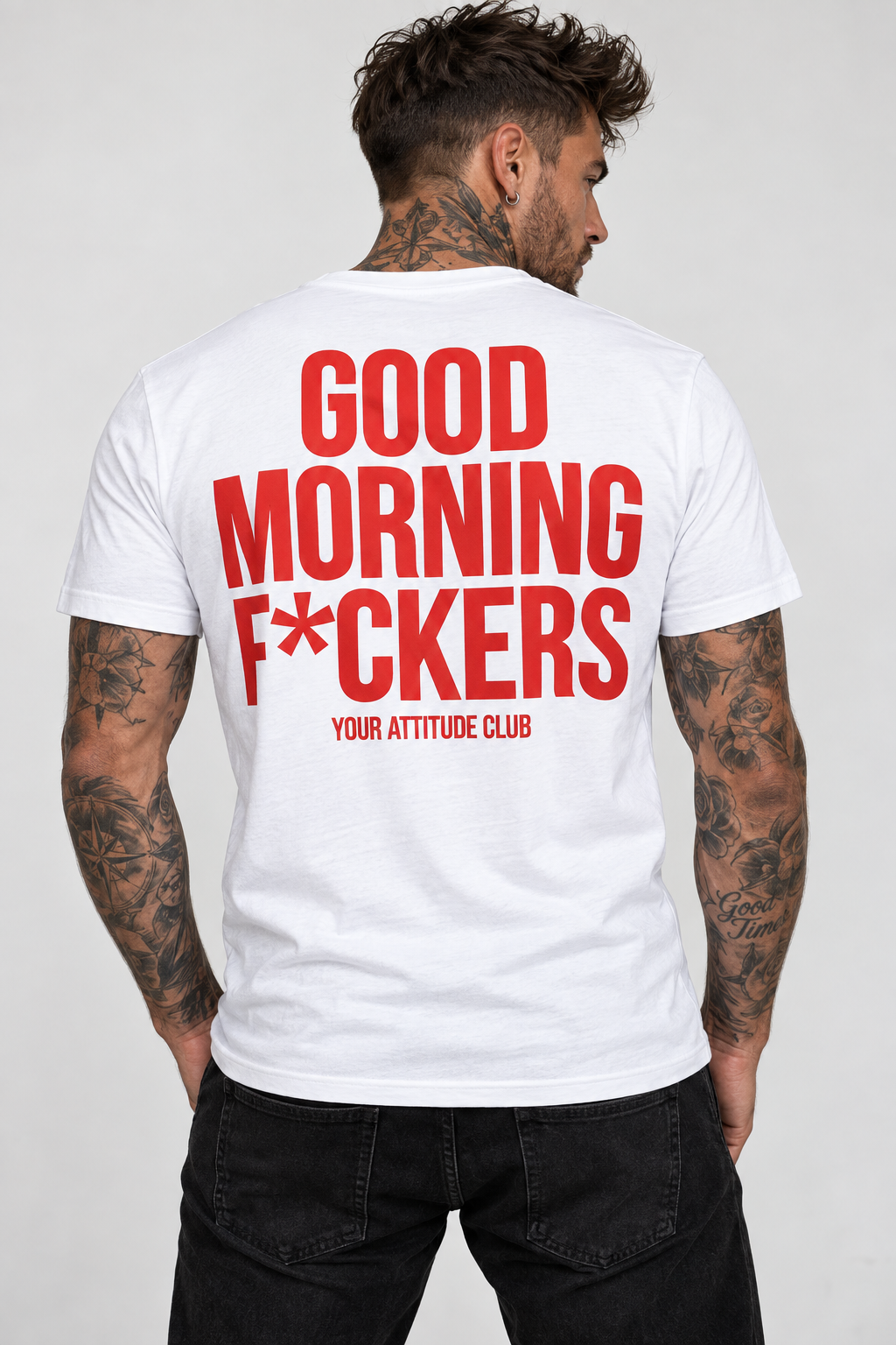 GOOD MORNING F*CKERS – Unisex Statement T-Shirt Weiß mit rotem Backprint | freches Sprüche Shirt