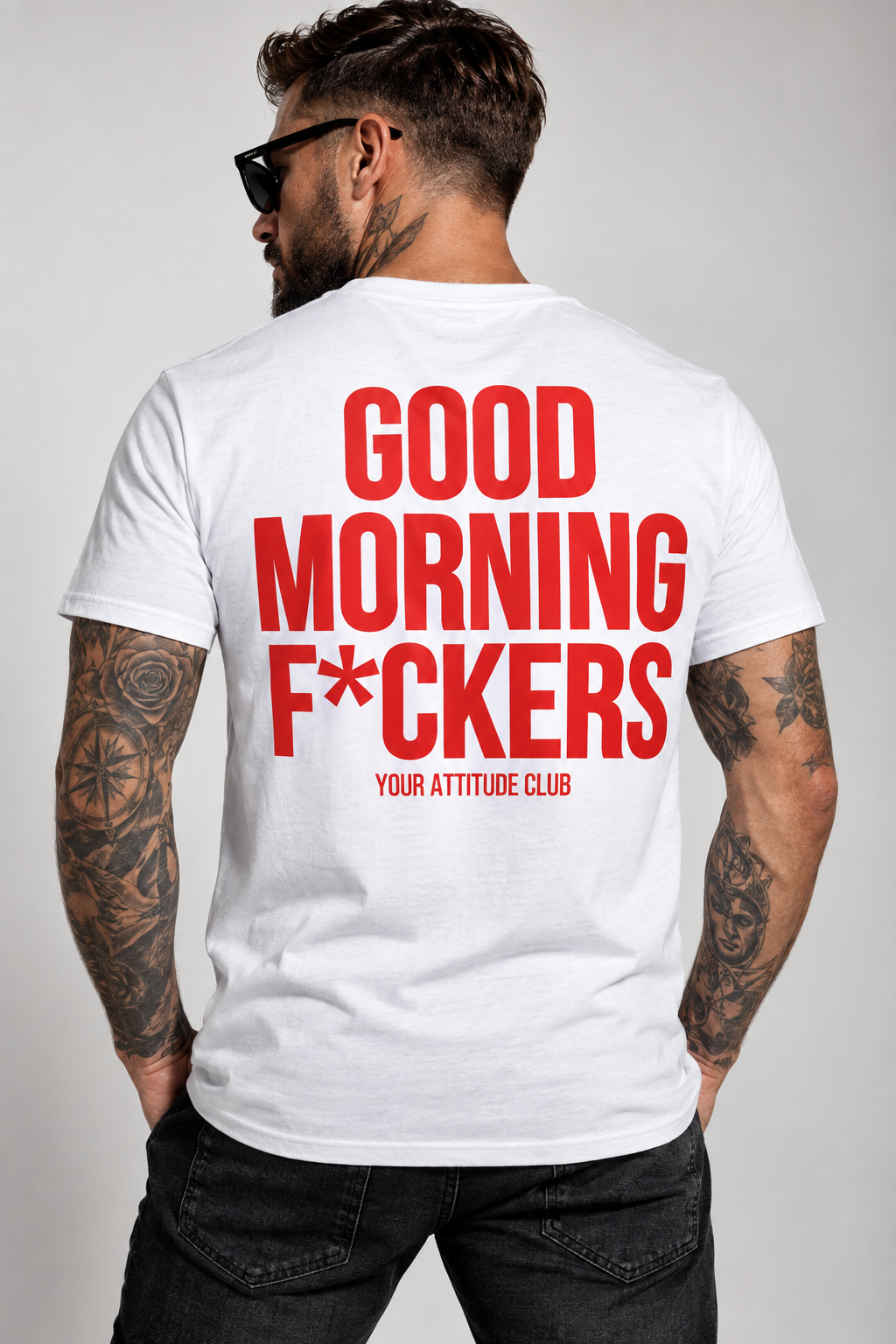 GOOD MORNING F*CKERS – Unisex Statement T-Shirt Weiß mit rotem Backprint | freches Sprüche Shirt