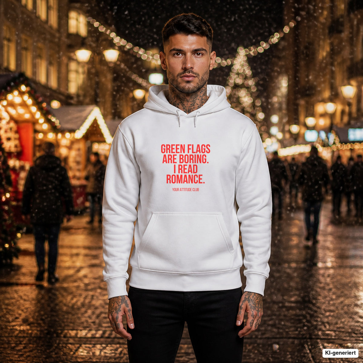 Green flags are boring. I read romance. – weißer Hoodie mit rotem Frontprint, Herren auf dem Weihnachtsmarkt