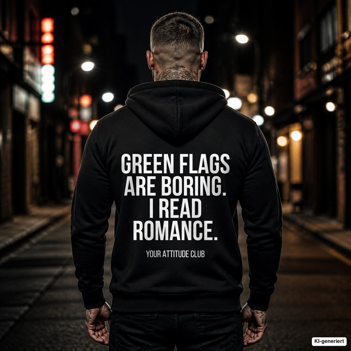 Green flags are boring. I read romance. – schwarzer Hoodie mit weißem Backprint, Herren in der Stadt bei Nacht