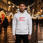 Hässlicher Pulli. Heiße Frau – weißer Hoodie mit rotem Frontprint, Herren auf dem Weihnachtsmarkt