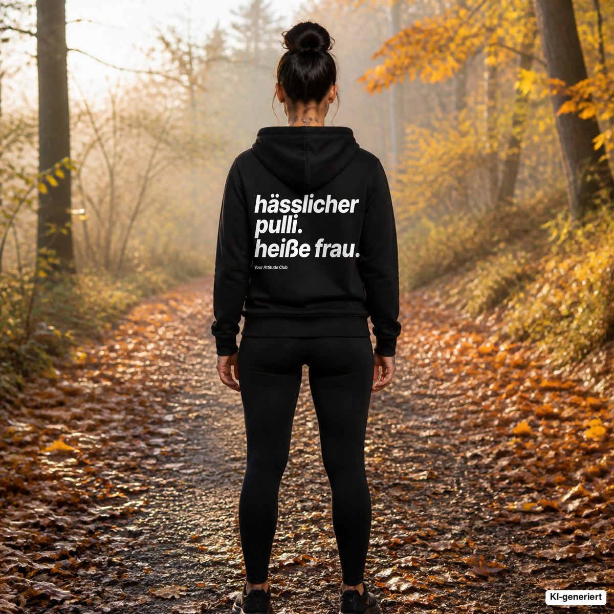 Hässlicher Pulli. Heiße Frau – schwarzer Hoodie mit weißem Backprint, Damen beim Joggen im Herbst