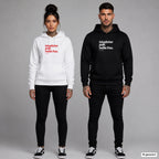 Hässlicher Pulli. Heiße Frau – Hoodie mit Frontprint, Frau in Weiß mit rotem und Mann in Schwarz mit weißem Aufdruck