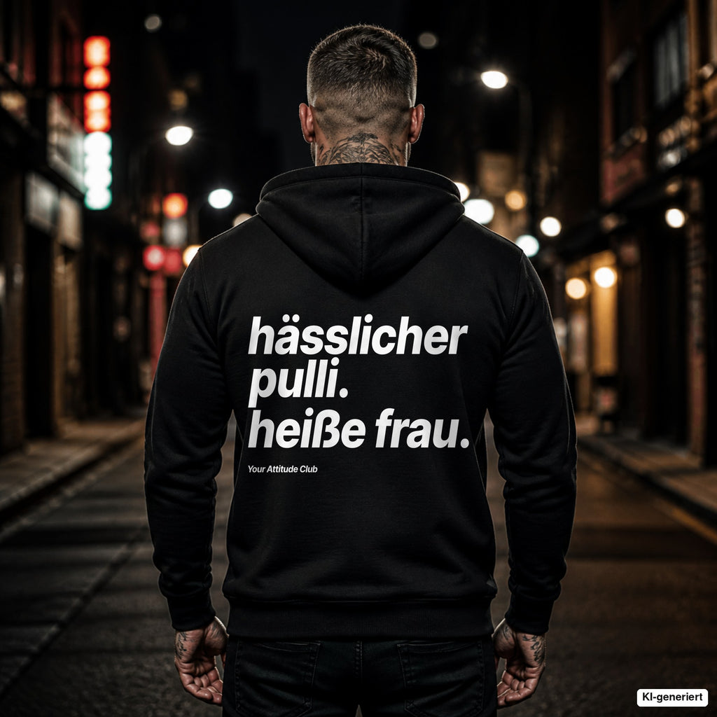 Hässlicher Pulli. Heiße Frau – schwarzer Hoodie mit weißem Backprint, Herren in der Stadt bei Nacht