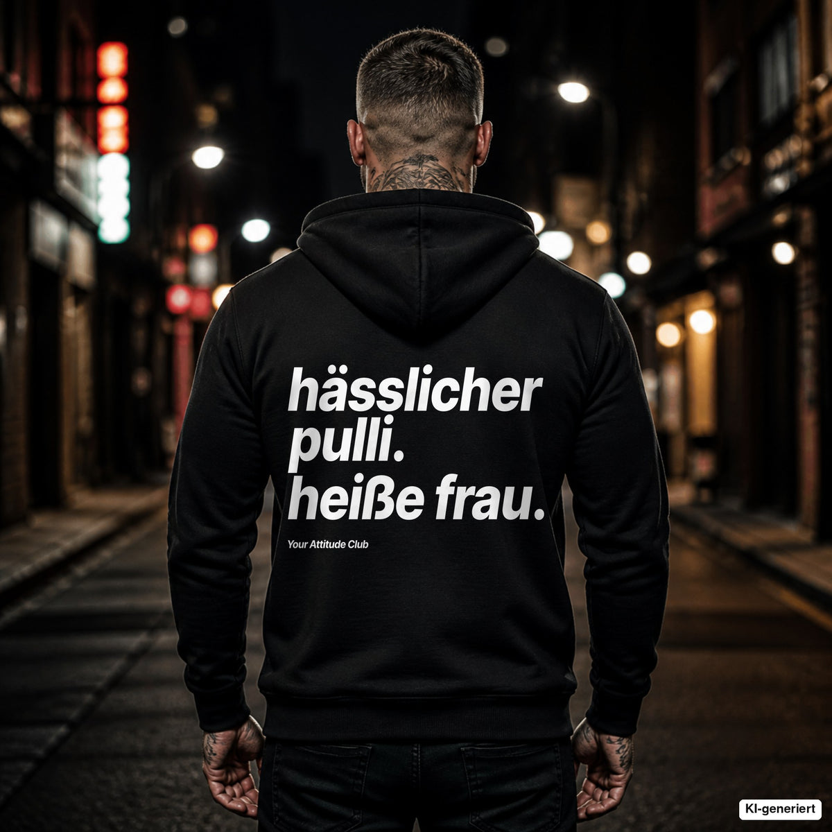 Hässlicher Pulli. Heiße Frau – schwarzer Hoodie mit weißem Backprint, Herren in der Stadt bei Nacht